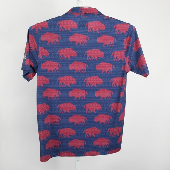 Waggle Polo Shirt Mens Small Blue Buffalo Allover Print Golf Performance Stretch - Picture 4 of 10